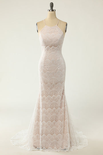 Mermaid Halter Robe de mariée en dentelle blanche avec sweep train